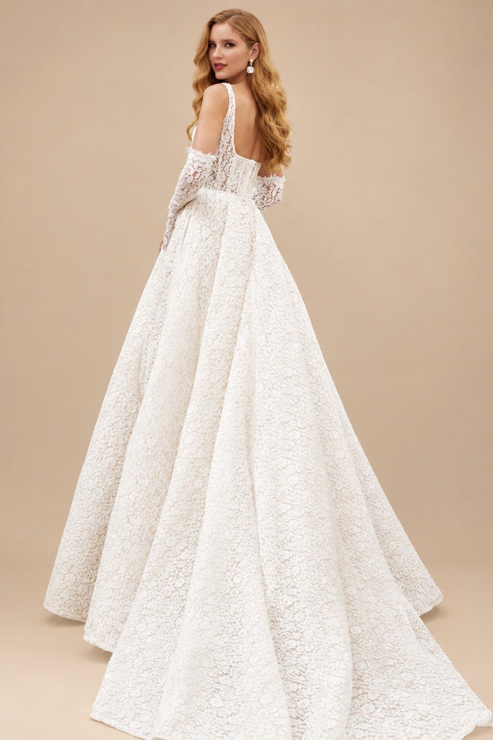 Rutipo Ivory Elegant Square Neckline Sleeveless A-Line Court Train Lace Wedding Dresses With Pockets