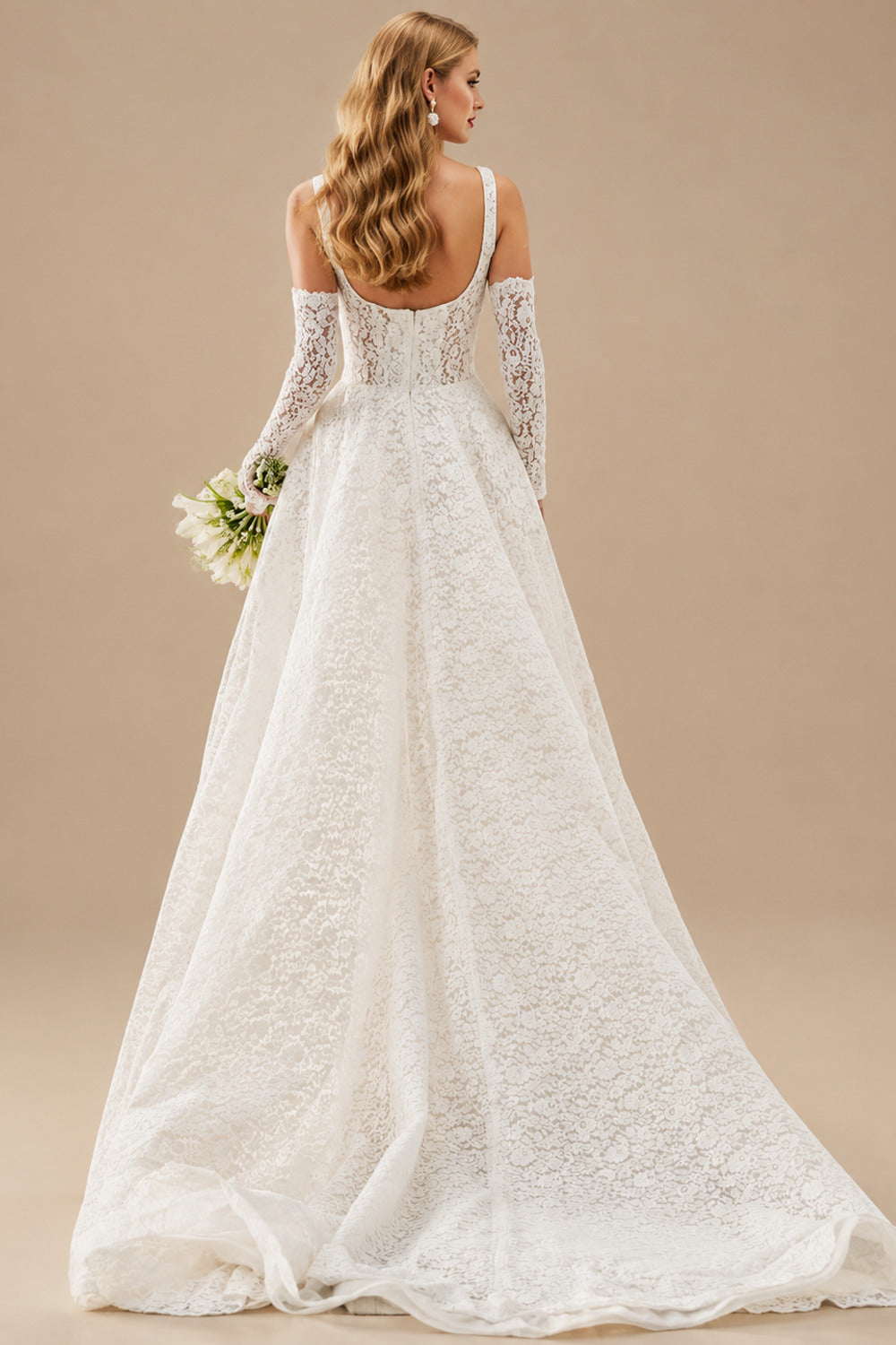 Rutipo Ivory Elegant Square Neckline Sleeveless A-Line Court Train Lace Wedding Dresses With Pockets