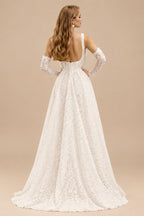 Rutipo Ivory Elegant Square Neckline Sleeveless A-Line Court Train Lace Wedding Dresses With Pockets