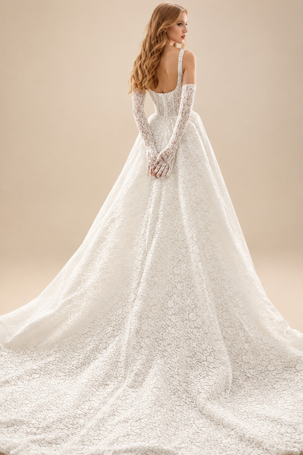 Rutipo Ivory Elegant Square Neckline Sleeveless A-Line Court Train Lace Wedding Dresses With Pockets