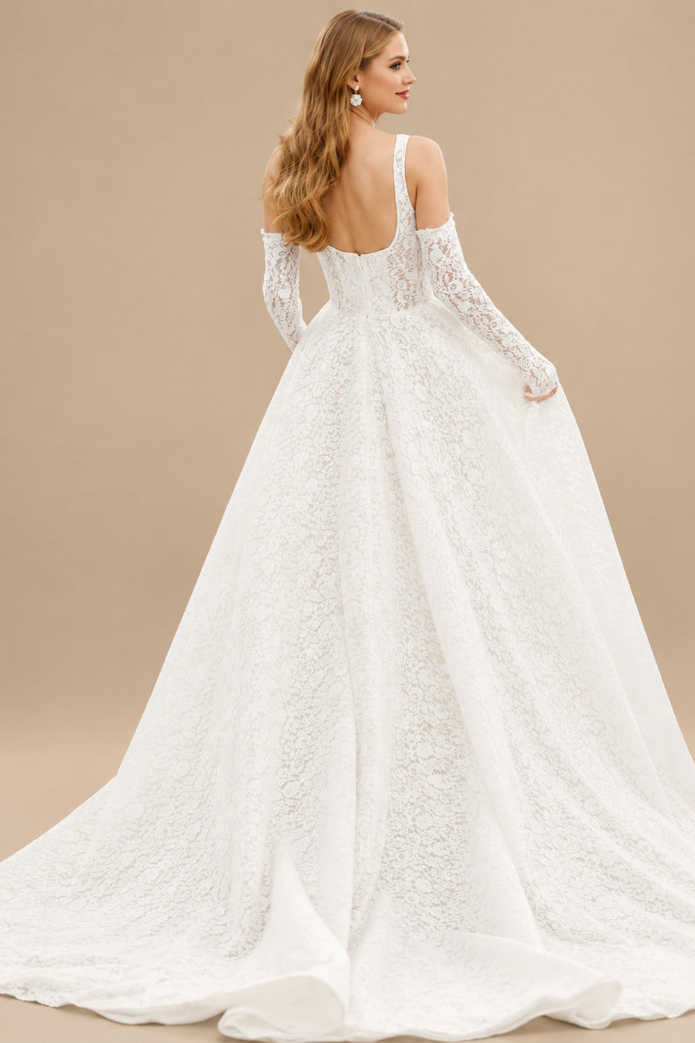 Rutipo Ivory Elegant Square Neckline Sleeveless A-Line Court Train Lace Wedding Dresses With Pockets