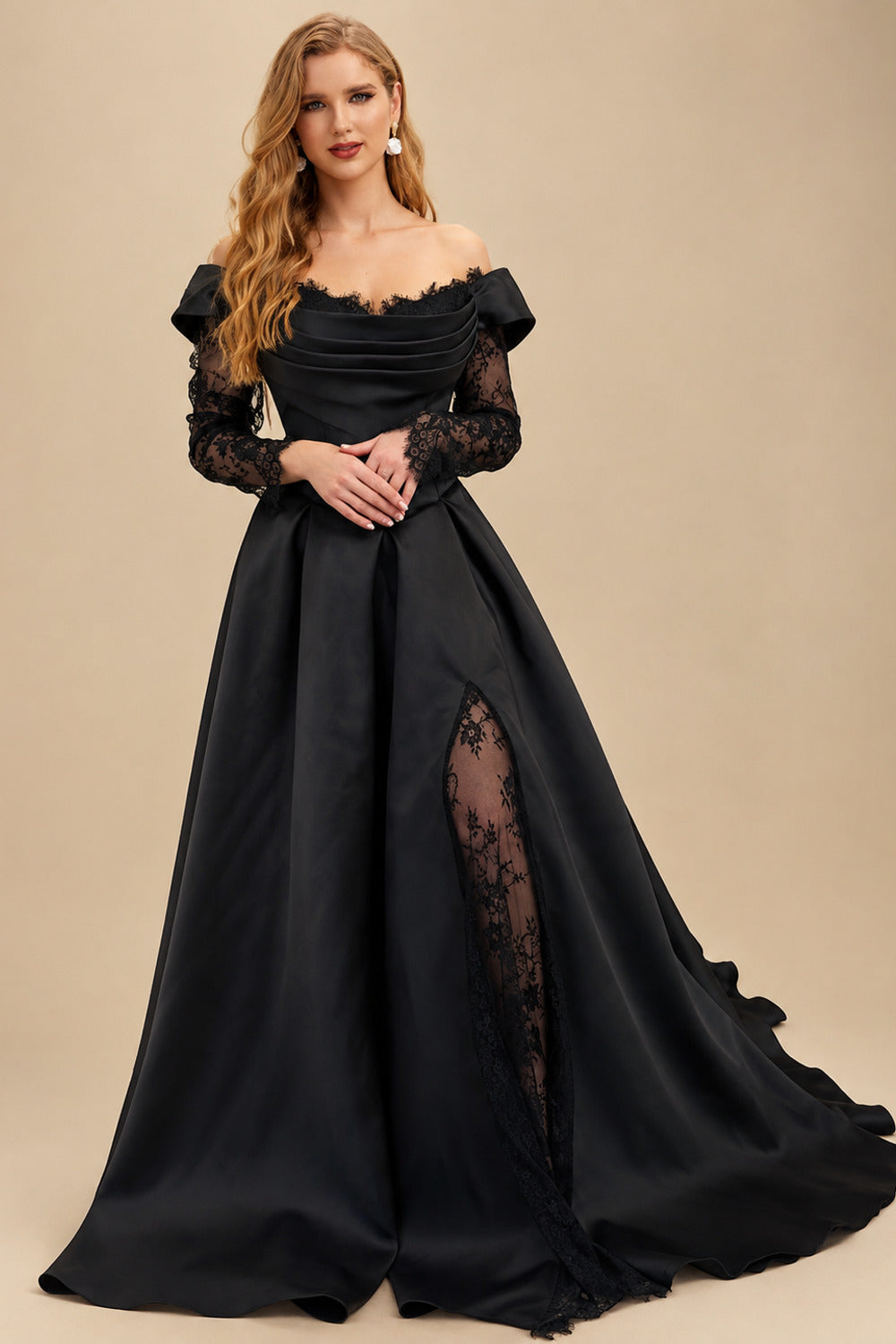 Rutipo Black Elegant Off-The-Shoulder Long Sleeves A-Line Sweep Train Satin/Lace Wedding Dresses With High Split
