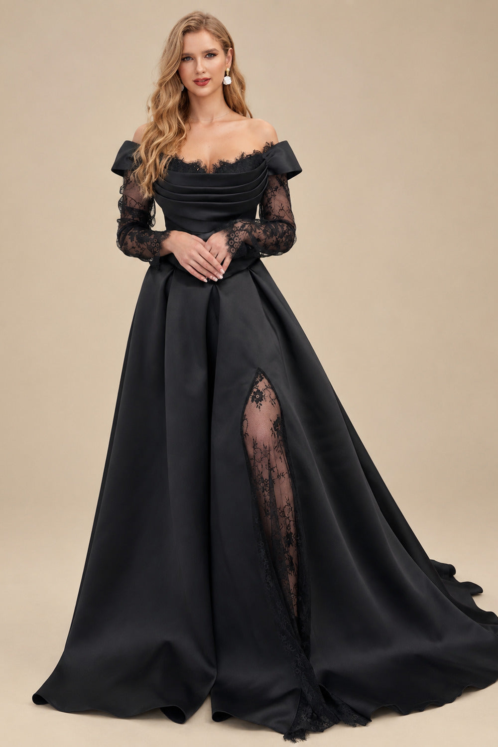 Rutipo Black Elegant Off-The-Shoulder Long Sleeves A-Line Sweep Train Satin/Lace Wedding Dresses With High Split