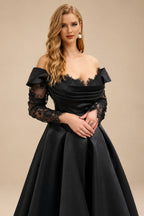 Rutipo Black Elegant Off-The-Shoulder Long Sleeves A-Line Sweep Train Satin/Lace Wedding Dresses With High Split