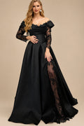 Rutipo Black Elegant Off-The-Shoulder Long Sleeves A-Line Sweep Train Satin/Lace Wedding Dresses With High Split