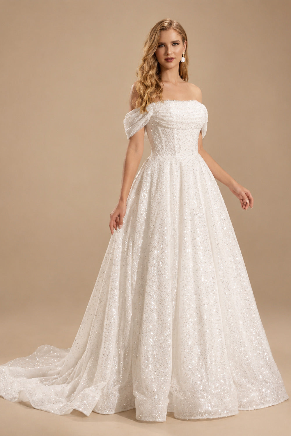 Rutipo Ivory Sparkle & Shine Off-The-Shoulder Sleeveless Ball-Gown Sweep Train Sequined Wedding Dresses