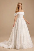 Rutipo Ivory Sparkle & Shine Off-The-Shoulder Sleeveless Ball-Gown Sweep Train Sequined Wedding Dresses