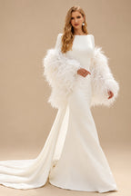 Rutipo Ivory Elegant Scoop Neck Long Sleeves Open Back Chapel Train Elastic Satin Wedding Dresses