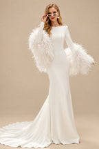 Rutipo Ivory Elegant Scoop Neck Long Sleeves Open Back Chapel Train Elastic Satin Wedding Dresses