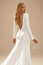 Rutipo Ivory Elegant Scoop Neck Long Sleeves Open Back Chapel Train Elastic Satin Wedding Dresses