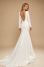 Rutipo Ivory Elegant Scoop Neck Long Sleeves Open Back Chapel Train Elastic Satin Wedding Dresses