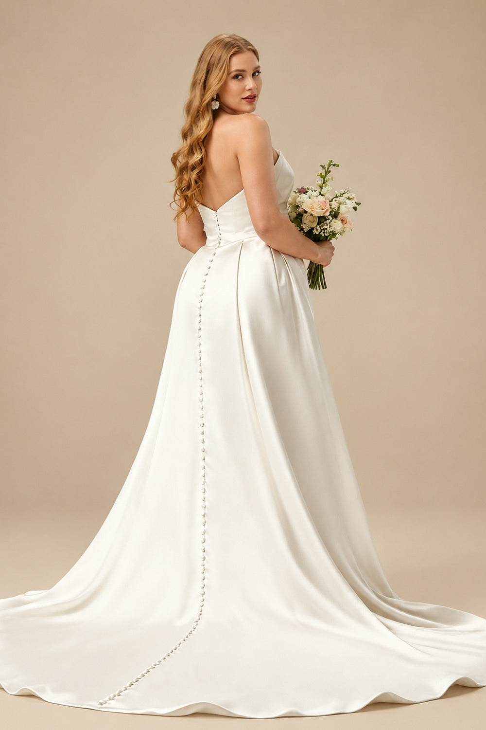 Rutipo Ivory Trumpet/Mermaid Strapless Sleeveless Sweep Train Matte Satin Wedding Dresses With High Split