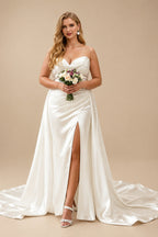 Rutipo Ivory Trumpet/Mermaid Strapless Sleeveless Sweep Train Matte Satin Wedding Dresses With High Split
