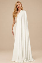Rutipo Ivory Jumpsuit/Pantsuit Plunge Neck Cape Sleeves Floor-Length Elastic Satin Wedding Dresses