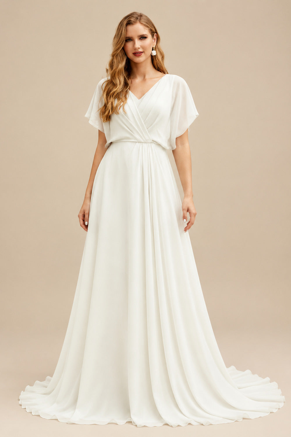 Rutipo Ivory Jumpsuit/Pantsuit Plunge Neck Cape Sleeves Floor-Length Elastic Satin Wedding Dresses