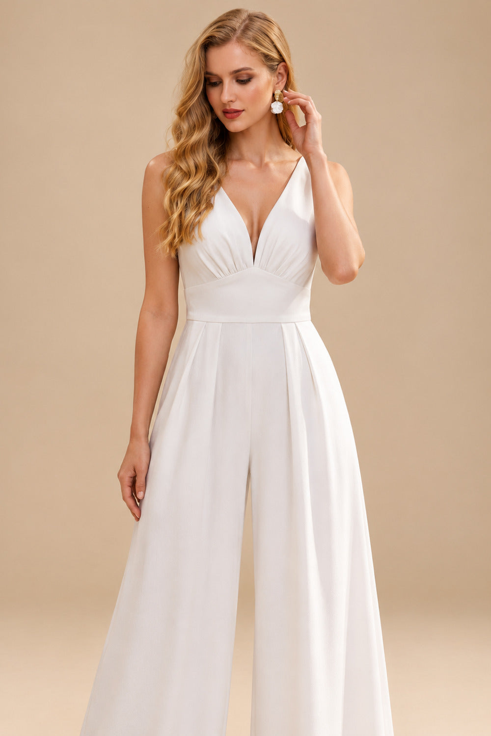 Rutipo White Jumpsuit/Pantsuit Plunge Neck Sleeveless Floor-Length Elastic Satin Wedding Dresses