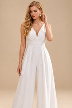 Rutipo White Jumpsuit/Pantsuit Plunge Neck Sleeveless Floor-Length Elastic Satin Wedding Dresses