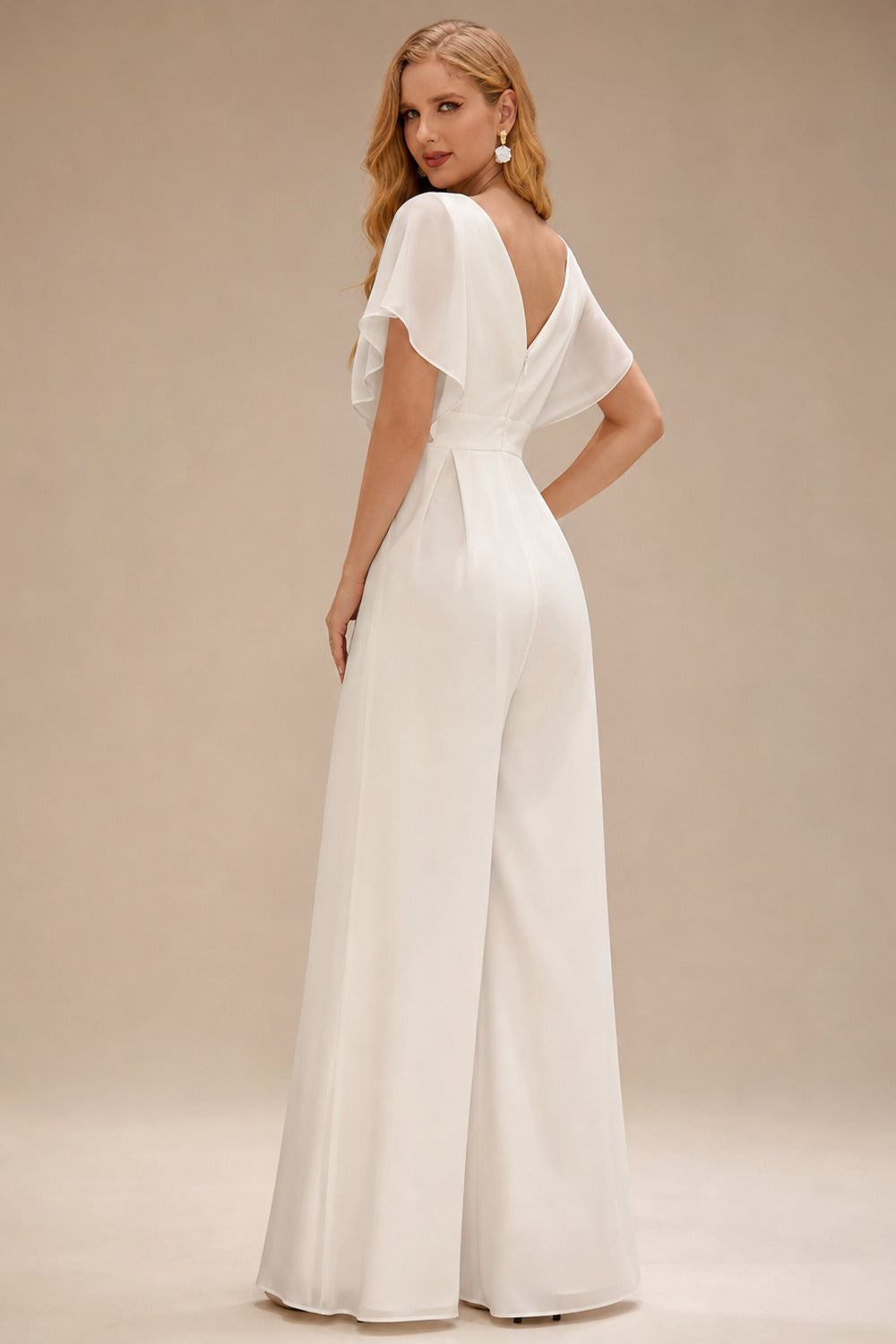 Rutipo White Jumpsuit/Pantsuit Plunge Neck Sleeveless Floor-Length Elastic Satin Wedding Dresses