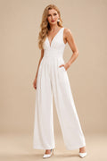 Rutipo White Jumpsuit/Pantsuit Plunge Neck Sleeveless Floor-Length Elastic Satin Wedding Dresses