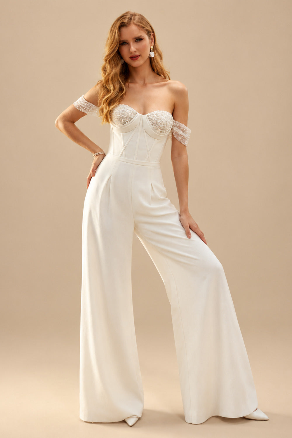Rutipo Ivory Jumpsuit/Pantsuit Sweetheart Floor-Length Elastic Satin Wedding Dresses With Beading