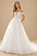 Rutipo White A-Line Off-The-Shoulder Sleeveless Court Wedding Dresses With Appliques Lace