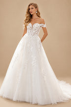 Rutipo White A-Line Off-The-Shoulder Sleeveless Court Wedding Dresses With Appliques Lace