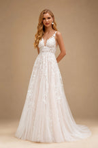 Rutipo As Picture Elegant V-Neck Regular Straps A-Line Sweep Train Lace/Tulle Wedding Dresses