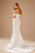 Rutipo Ivory Elegant Off-The-Shoulder/Sweetheart Mermaid Sweep Train Matte Satin Wedding Dresses With Beading/High Split