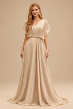 Rutipo Champagne A-Line Square Neckline Short Sleeves Court Train Matte Satin Wedding Dresses With Ruffle Beading