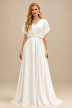 Rutipo Ivory A-Line Square Neckline Short Sleeves Court Train Matte Satin Wedding Dresses With Ruffle Beading