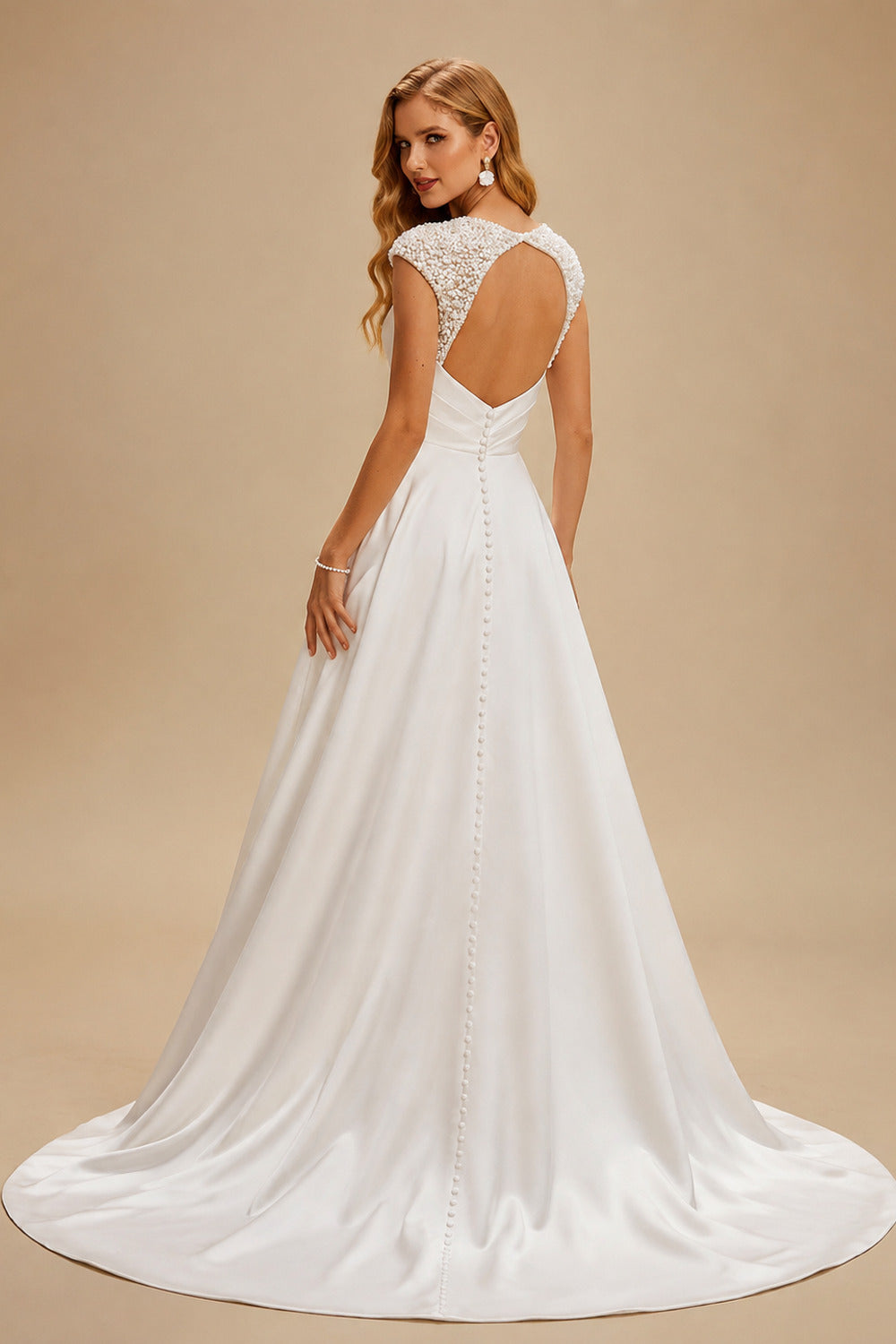Rutipo White A-Line Square Neckline Short Sleeves Court Train Matte Satin Wedding Dresses With Ruffle Beading