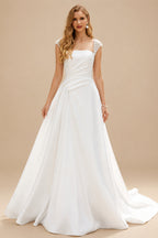 Rutipo White A-Line Square Neckline Short Sleeves Court Train Matte Satin Wedding Dresses With Ruffle Beading