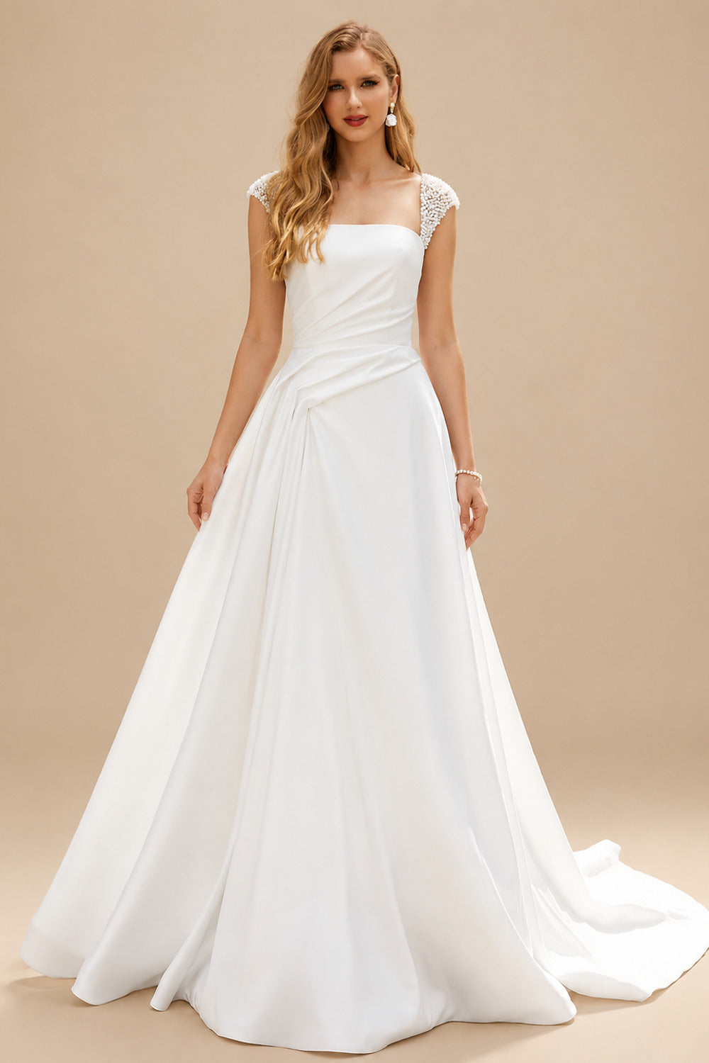 Rutipo White A-Line Square Neckline Short Sleeves Court Train Matte Satin Wedding Dresses With Ruffle Beading