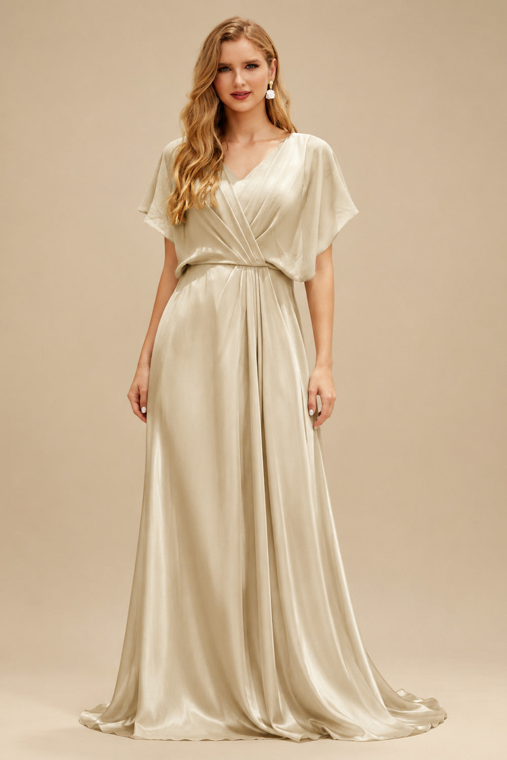 Rutipo Champagne Ball-Gown V-Neck Short Sleeves Chapel Train Satin Tulle Wedding Dresses With Appliques Lace