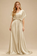 Rutipo Champagne Ball-Gown V-Neck Short Sleeves Chapel Train Satin Tulle Wedding Dresses With Appliques Lace