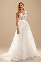 Rutipo White Ball-Gown V-Neck Short Sleeves Chapel Train Satin Tulle Wedding Dresses With Appliques Lace