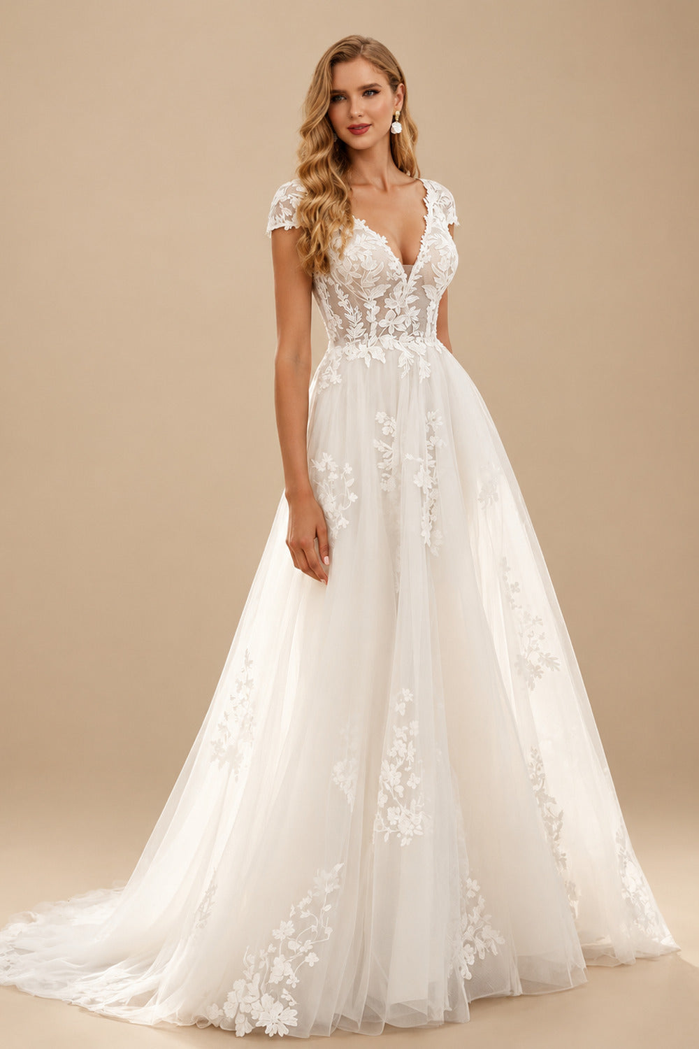 Rutipo White Ball-Gown V-Neck Short Sleeves Chapel Train Satin Tulle Wedding Dresses With Appliques Lace