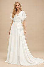 Rutipo Ivory A-Line Sweetheart Illusion Neck Long Sleeves Short Mini Elastic Satin Wedding Dresses With Appliques Lace