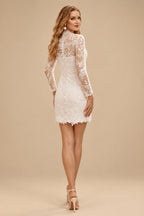 Rutipo White A-Line Sweetheart Illusion Neck Long Sleeves Short Mini Elastic Satin Wedding Dresses With Appliques Lace