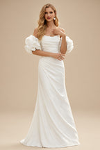 Rutipo Ivory Trumpet Mermaid Sweetheart Detachable Sleeves Chapel Train Soft Satin Wedding Dresses With Pleated High Split