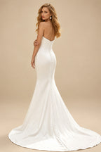Rutipo Ivory Trumpet Mermaid Sweetheart Detachable Sleeves Chapel Train Soft Satin Wedding Dresses With Pleated High Split