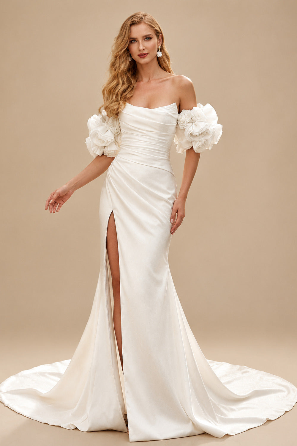 Rutipo Ivory Trumpet Mermaid Sweetheart Detachable Sleeves Chapel Train Soft Satin Wedding Dresses With Pleated High Split