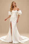 Rutipo Ivory Trumpet Mermaid Sweetheart Detachable Sleeves Chapel Train Soft Satin Wedding Dresses With Pleated High Split