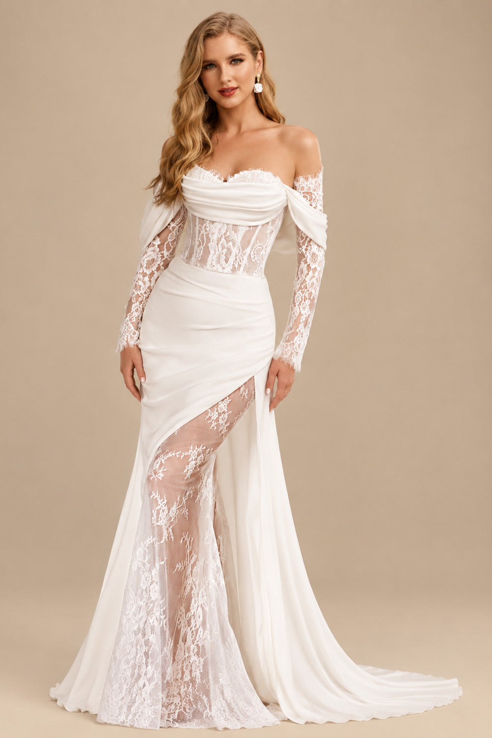 Rutipo White Trumpet/Mermaid Sweetheart Detachable Sleeves Sweep Train Stretch Chiffon Wedding Dresses With Lace/High Split