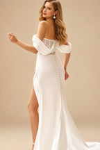 Rutipo White Trumpet/Mermaid Sweetheart Detachable Sleeves Sweep Train Stretch Chiffon Wedding Dresses With Lace/High Split