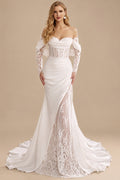 Rutipo White Trumpet/Mermaid Sweetheart Detachable Sleeves Sweep Train Stretch Chiffon Wedding Dresses With Lace/High Split