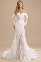 Rutipo White Trumpet/Mermaid Sweetheart Detachable Sleeves Sweep Train Stretch Chiffon Wedding Dresses With Lace/High Split