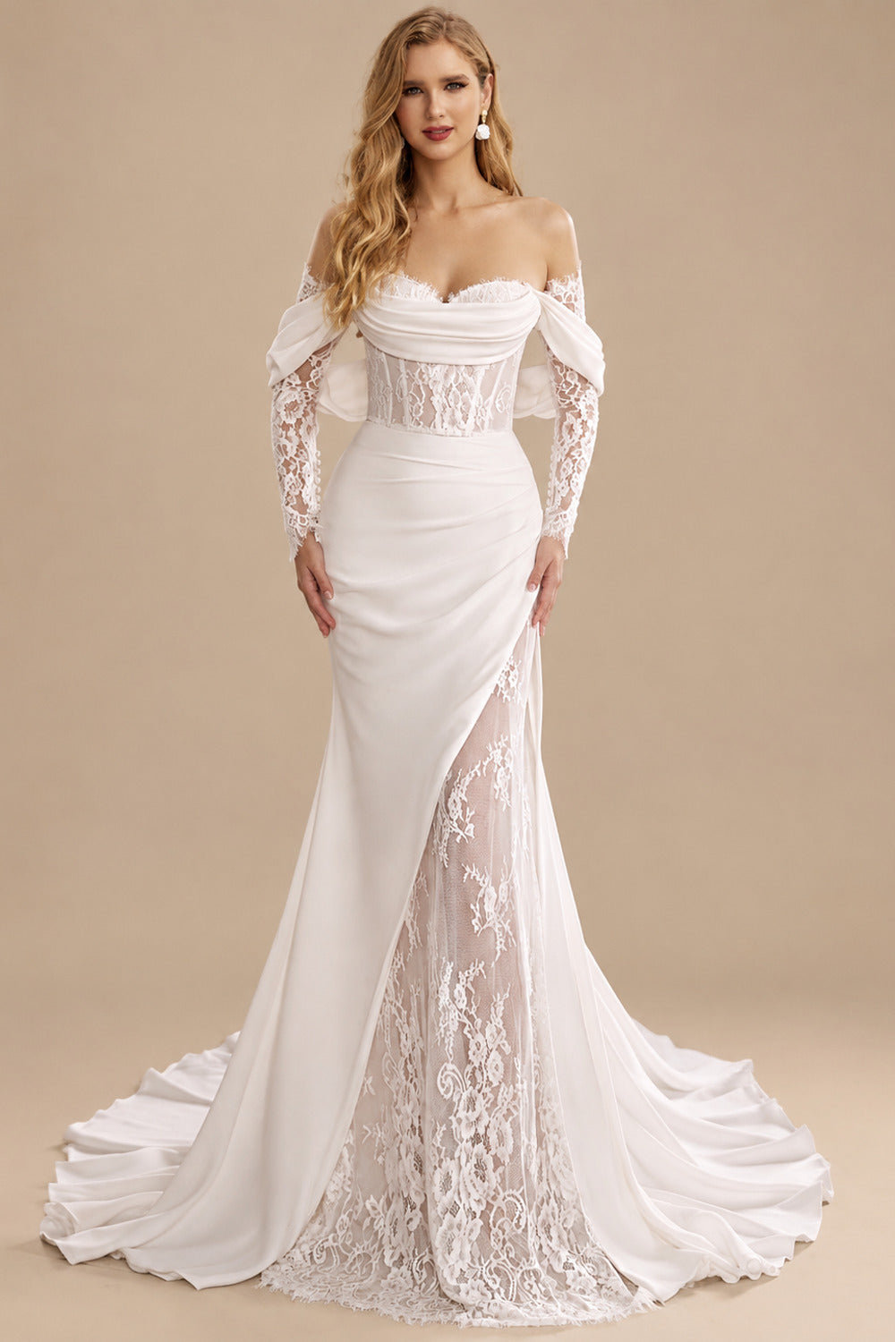 Rutipo White Trumpet/Mermaid Sweetheart Detachable Sleeves Sweep Train Stretch Chiffon Wedding Dresses With Lace/High Split