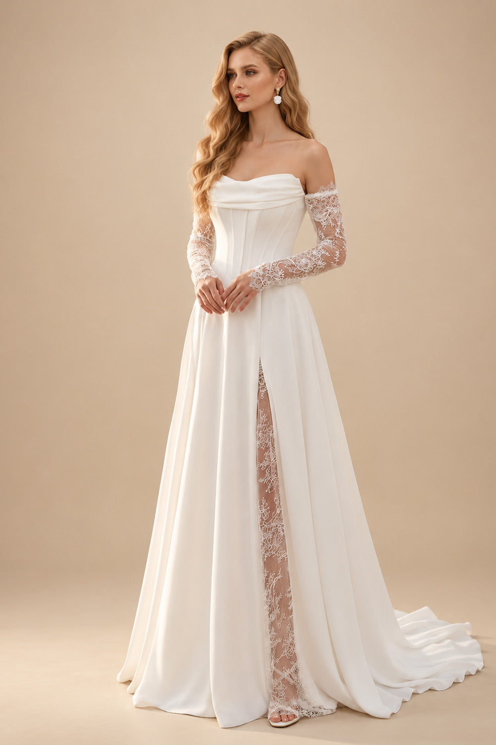 Rutipo White A-Line Sweetheart Long Sleeves Sweep Train Lace Italian Satin Wedding Dresses With Lace High Split