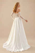 Rutipo White A-Line Sweetheart Long Sleeves Sweep Train Lace Italian Satin Wedding Dresses With Lace High Split